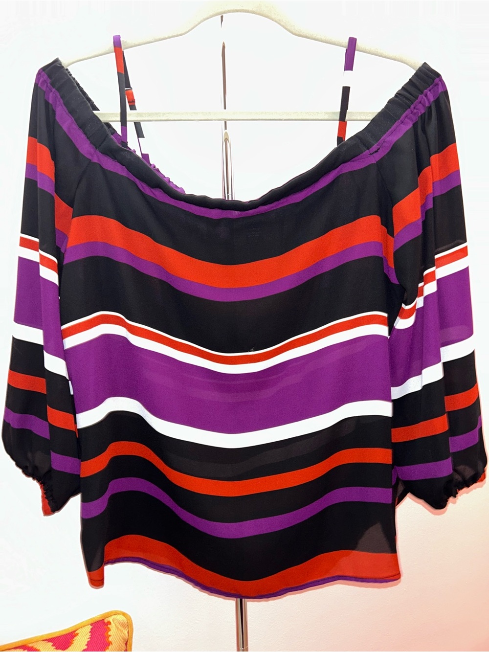 Women’s Off-Shoulder Striped Top — Black, Purple & Red
